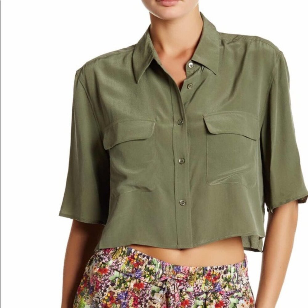 Equipment Olive Green Washed Silk Button Down Crop Top